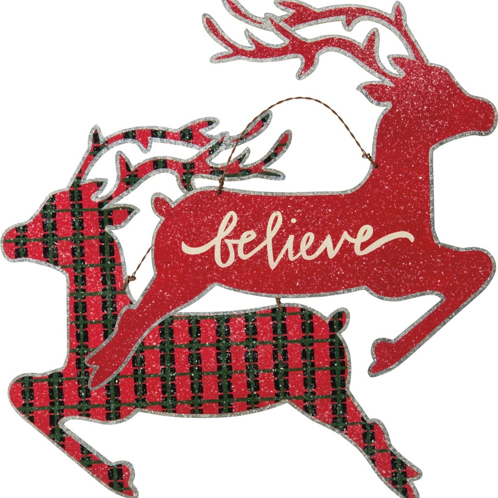 Deer Believe Plaid Tin Hanging Sign NWT